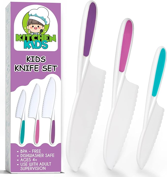 Kitchenkids Kids Knife Set of 3 - Firm Grip, Serrated Edges & Safe – Colorful Nylon Toddler Knife Set to Cut Fruits, Salad, Cake, Lettuce (Purple